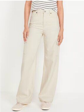 Old Navy Sky-Hi Wide Leg Cargo Jeans in Ecru | Size 4